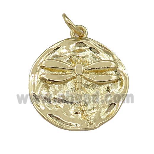 copper circle pendant, dragonfly, gold plated
