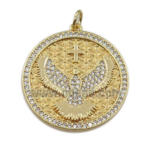 copper circle pendant pave zircon, eagle, gold plated