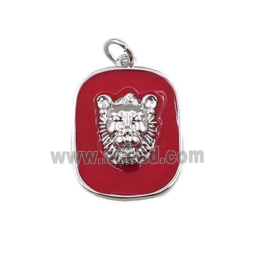 copper rectangle pendant with leopard, red enamel, platinum plated