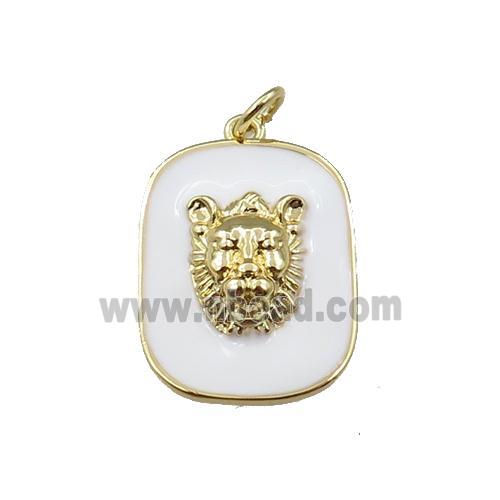 copper rectangle pendant with leopard, white enamel, gold plated