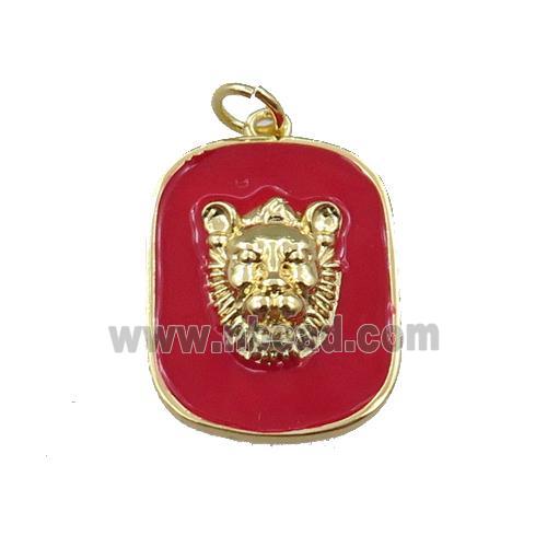 copper rectangle pendant with leopard, red enamel, gold plated