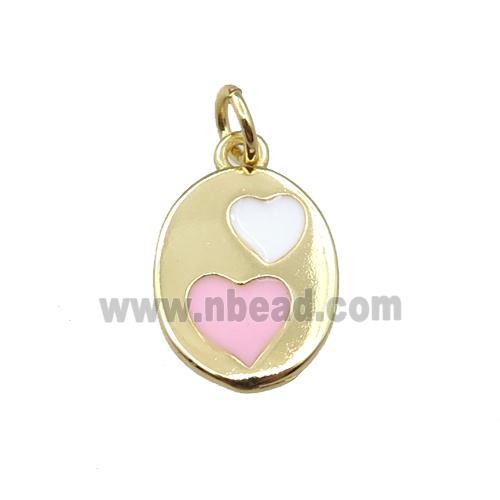 copper oval pendant with heart, enamel, gold plated