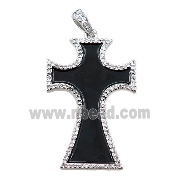 copper cross pendant pave zircon with black enameled, platinum plated
