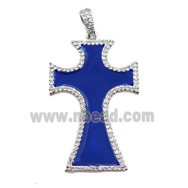 copper cross pendant pave zircon with blue enameled, platinum plated