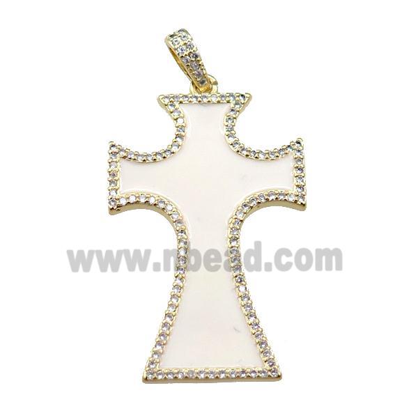 copper cross pendant pave zircon with white enameled, gold plated