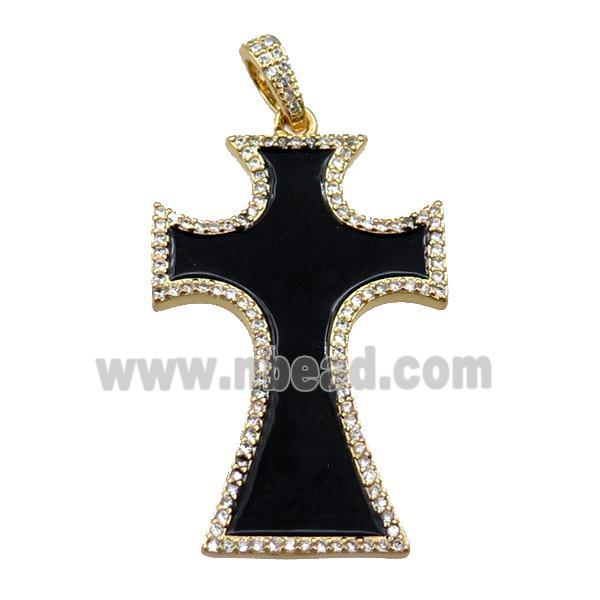copper cross pendant pave zircon with black enameled, gold plated