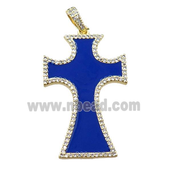 copper cross pendant pave zircon with blue enameled, gold plated
