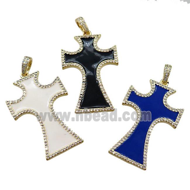 copper cross pendant pave zircon with enameled, mixed, gold plated