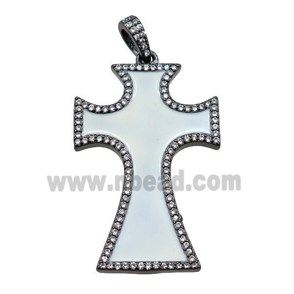 copper cross pendant pave zircon with white enameled, black plated