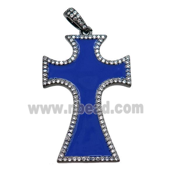 copper cross pendant pave zircon with blue enameled, black plated