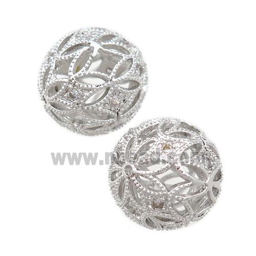 copper round beads pave zircon, hollow, platinum plated