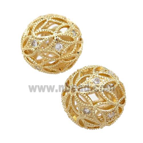 copper round beads pave zircon, hollow, gold plated