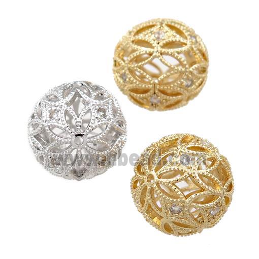 copper round beads pave zircon, hollow, mixed