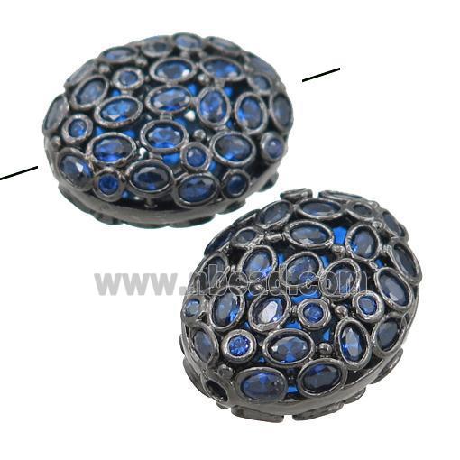 copper oval beads pave blue zircon, hollow, black plated