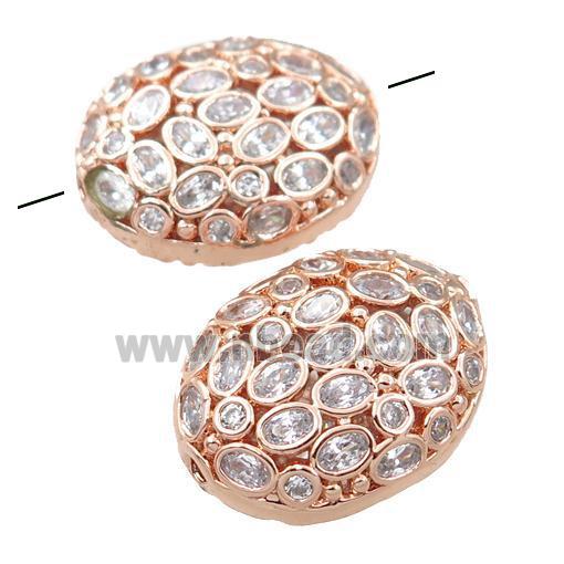 copper oval beads pave zircon, hollow, rose gold