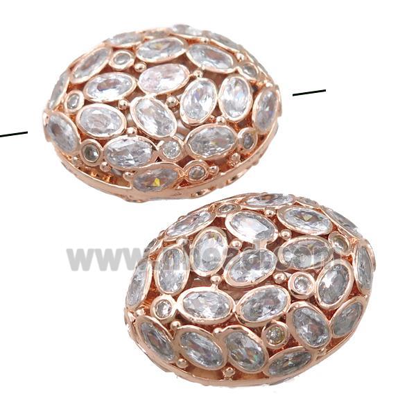 copper oval beads pave zircon, hollow, rose gold