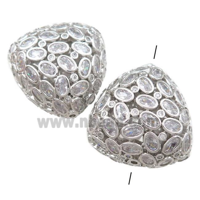 copper triangle beads pave zircon, hollow, platinum plated