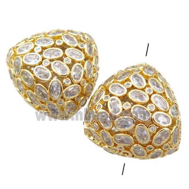 copper triangle beads pave zircon, hollow, gold plated