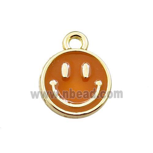 copper emoji pendant with brown enameled, smile face, gold plated