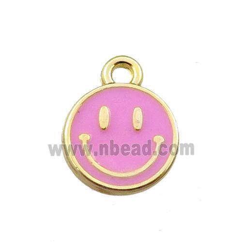 copper emoji pendant with pink enameled, smile face, gold plated