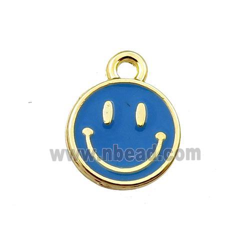 copper emoji pendant with blue enameled, smile face, gold plated