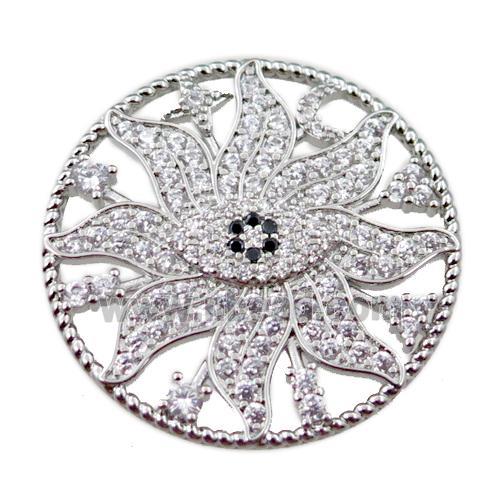 copper flower pendant pave zircon, platinum plated