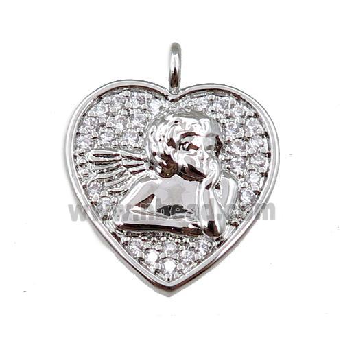 copper heart pendant pave zircon, angel, platinum plated