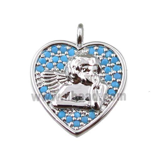 copper heart pendant pave zircon, angel, platinum plated