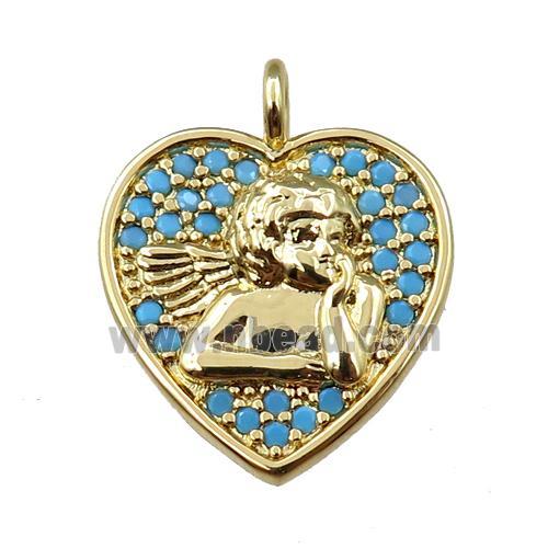 copper heart pendant pave zircon, angel, gold plated
