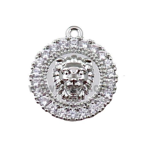 copper circle pendant pave zircon with leo, platinum plated