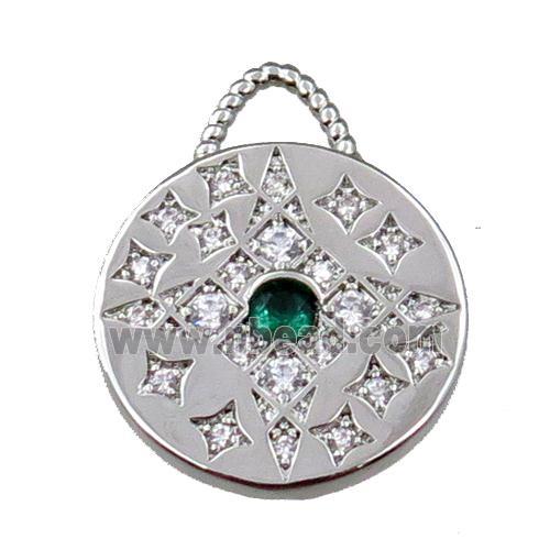 copper circle pendant pave zircon, platinum plated
