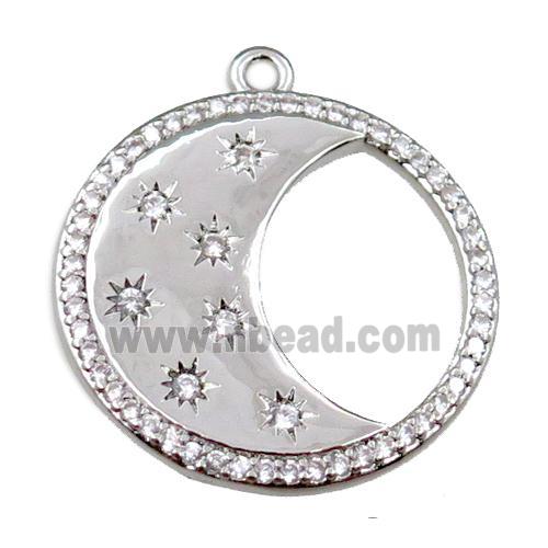 copper circle moon pendant pave zircon, platinum plated