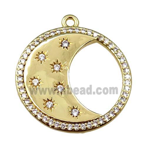 copper moon pendant pave zircon, circle gold plated