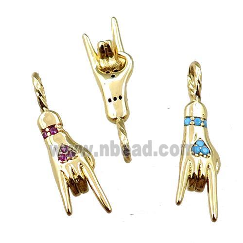 copper hand pendant pave zircon, Rock On Sign Charm, gold plated, mix