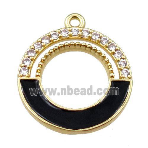 copper circle pendant pave zircon with black enameled, gold plated