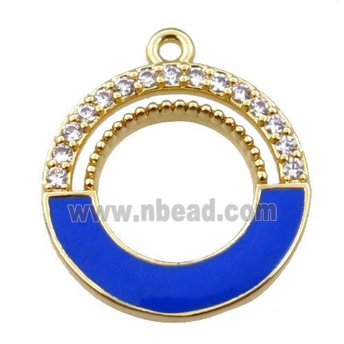 copper circle pendant pave zircon with blue enameled, gold plated