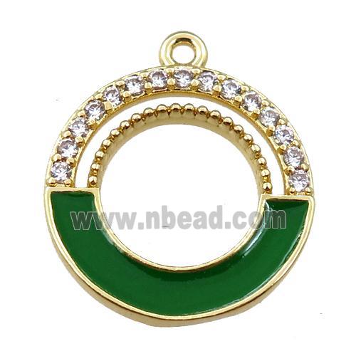 copper circle pendant pave zircon with green enameled, gold plated