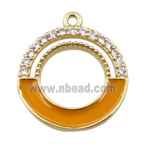 copper circle pendant pave zircon with orange enameled, gold plated