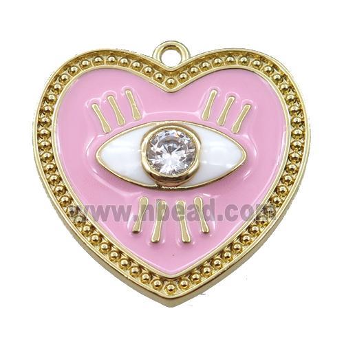 copper heart pendant with pink enameled, eye, gold plated