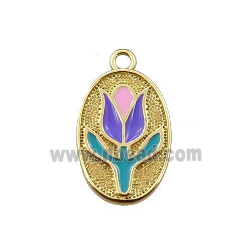 copper lotus pendant, oval, enameling, gold plated