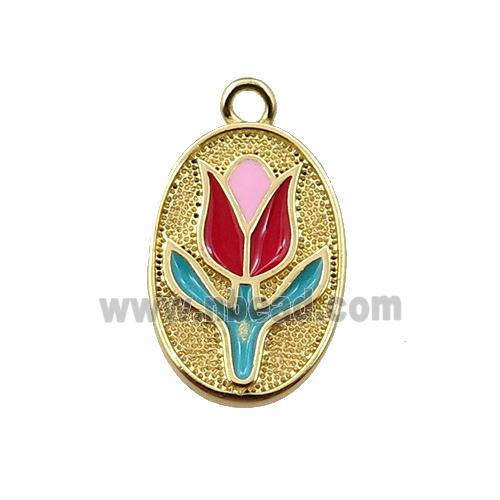 copper lotus pendant, oval, enameling, gold plated
