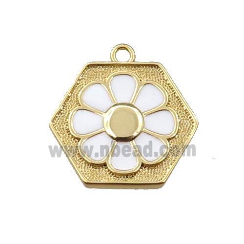 copper daisy pendant, hexagon, white enameling, gold plated