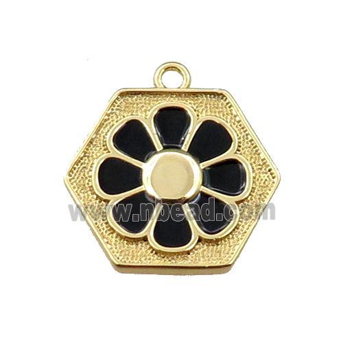 copper daisy pendant, hexagon, black enameling, gold plated