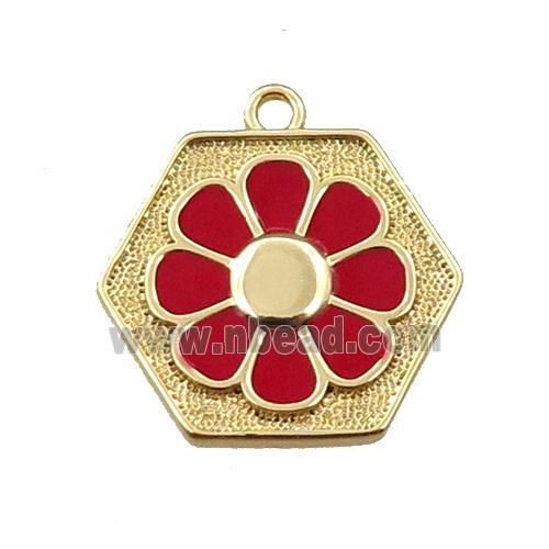 copper daisy pendant, hexagon, red enameling, gold plated