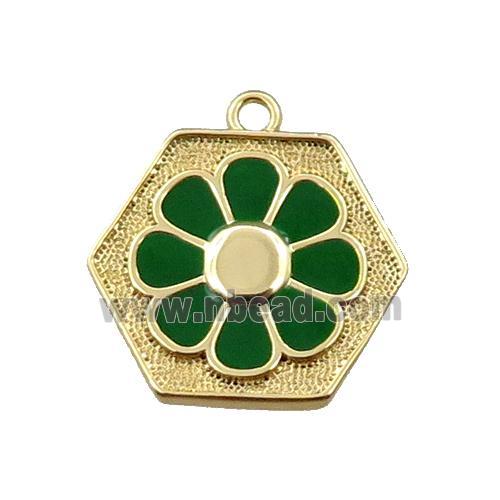 copper daisy pendant, hexagon, green enameling, gold plated