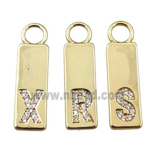 copper rectangle pendant pave zircon, letter, gold plated, mix