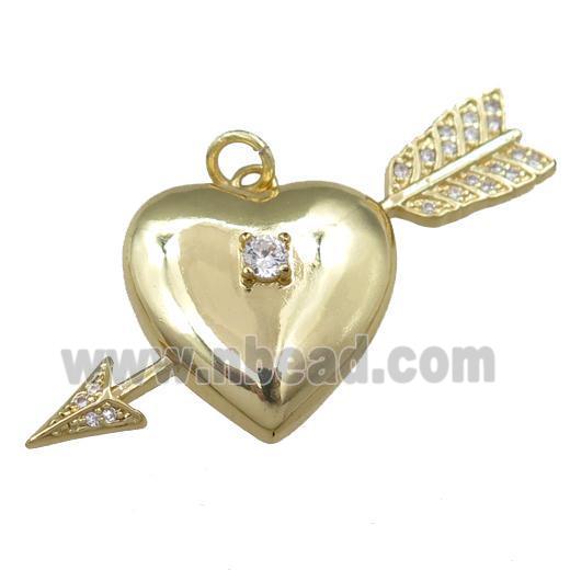 copper heart pendant paved zircon, cupid arrow, gold plated