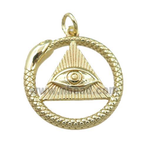 copper circle pendant with snake, triangle eye, gold plated
