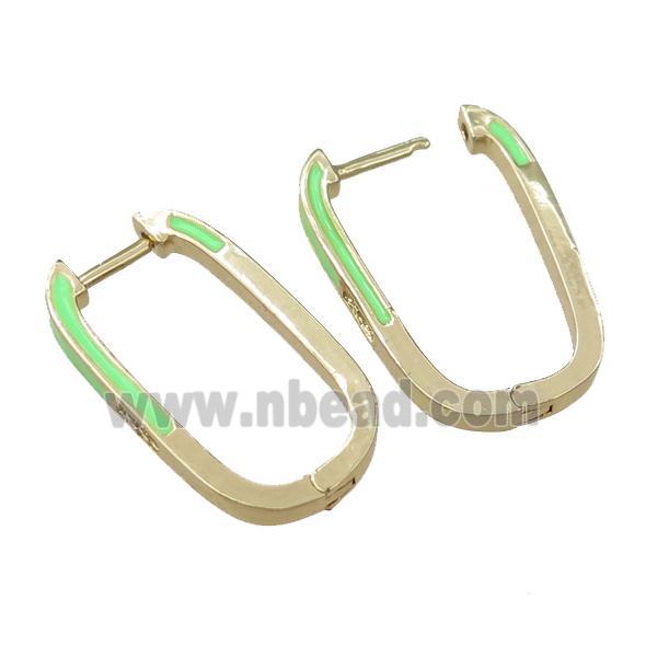 copper Latchback Earrings with green enameled, gold plated