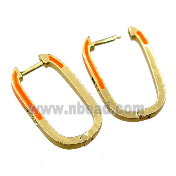 copper Latchback Earrings with orange enameled, gold plated